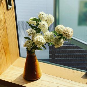 庭の花を飾る春、富士市木の家